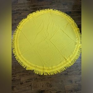 Vintage yellow round table cloth with fringe, boho